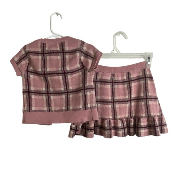 Happily Grey Kids Pink Burgundy and Cream Plaid Cardigan and Skirt Set - Picture 7 of 9